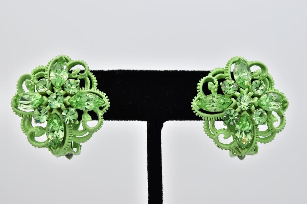 Vintage Green Rhinestone Filigree Clip On Earrings Floral Statement 1960s BinAZ